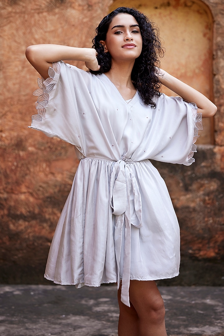 Grey Pure Silk Embroidered Summer Dress by Shay by Shubham Tak at Pernia's Pop Up Shop