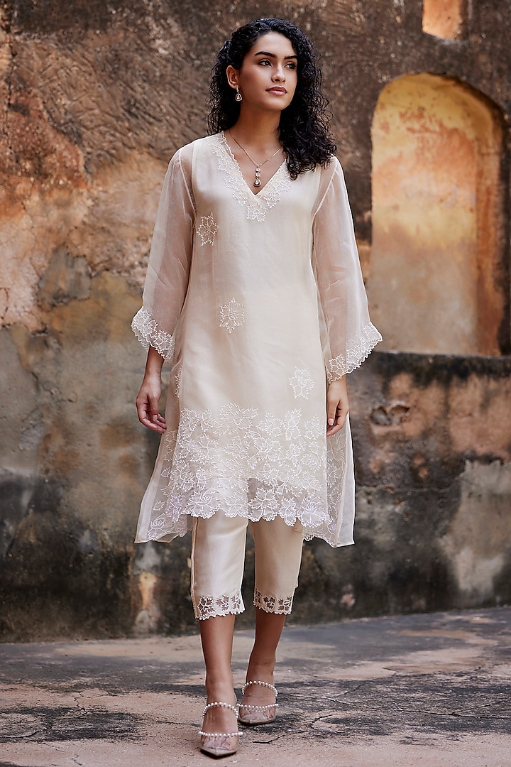 Beige Silk Organza Applique Work A-Line Kurta Set by Shay by Shubham Tak at Pernia's Pop Up Shop