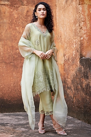 Sage Green Silk Organza Applique Work A-Line Kurta Set by Shay by Shubham Tak