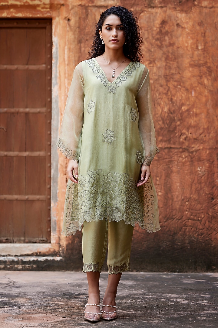 Sage Green Silk Organza Applique Work A-Line Kurta Set by Shay by Shubham Tak at Pernia's Pop Up Shop