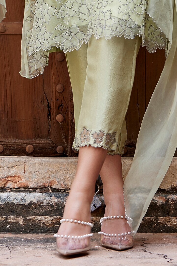 Sage Green Silk Organza Applique Work A-Line Kurta Set by Shay by Shubham Tak at Pernia's Pop Up Shop