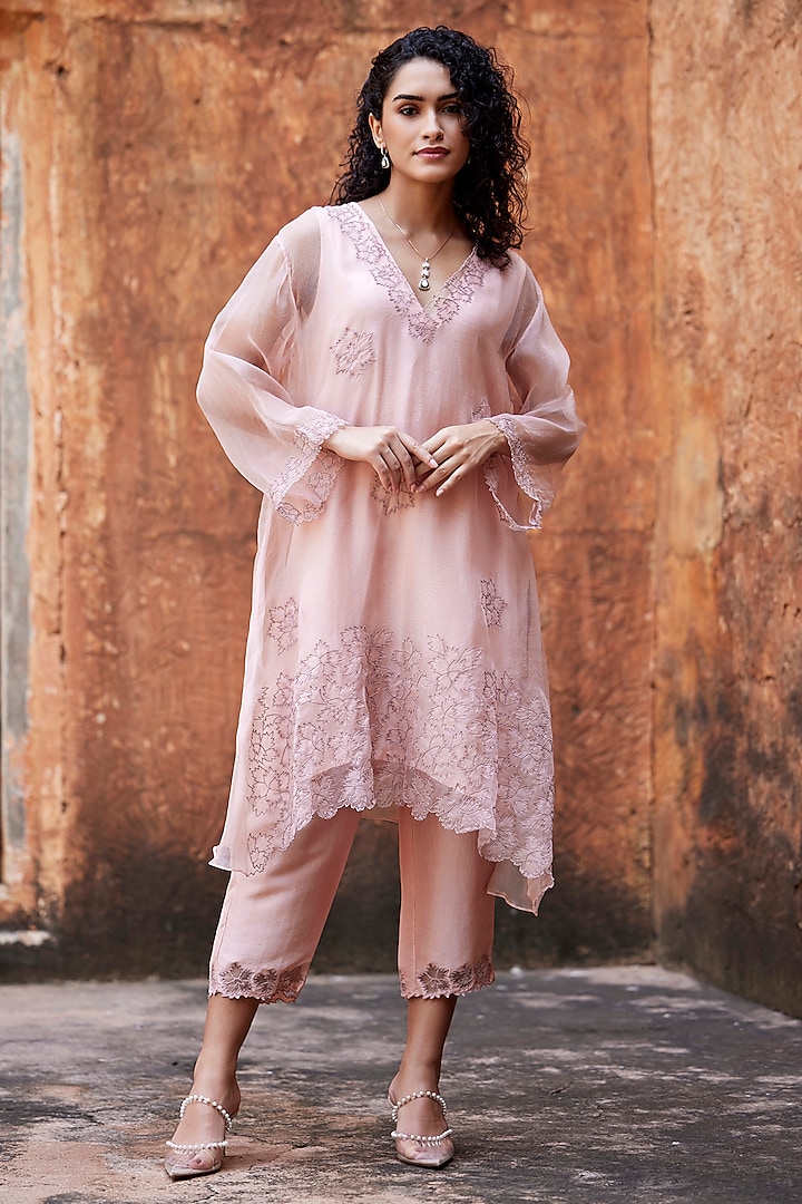 Blush Pink Silk Organza Applique Work A-Line Kurta Set by Shay by Shubham Tak at Pernia's Pop Up Shop