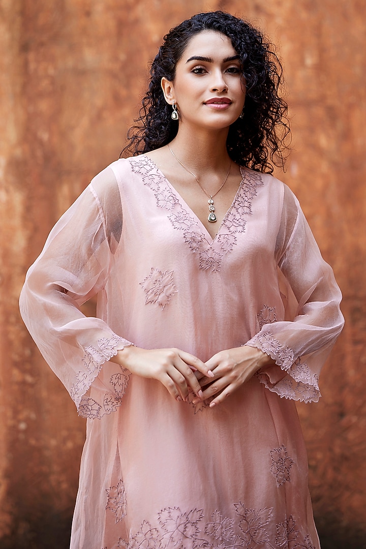 Blush Pink Silk Organza Applique Work A-Line Kurta Set by Shay by Shubham Tak at Pernia's Pop Up Shop