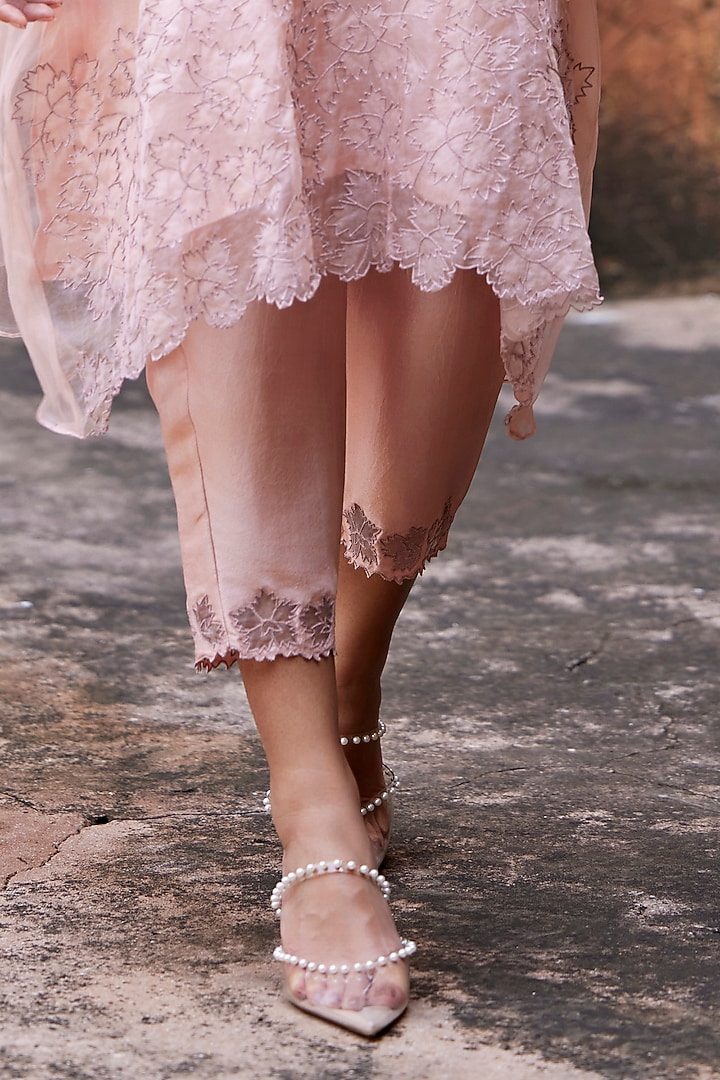 Blush Pink Silk Organza Applique Work A-Line Kurta Set by Shay by Shubham Tak at Pernia's Pop Up Shop
