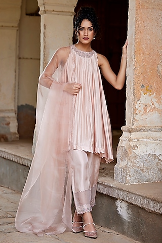 Blush Pink Satin Silk Aari Work Kurta Set by Shay by Shubham Tak