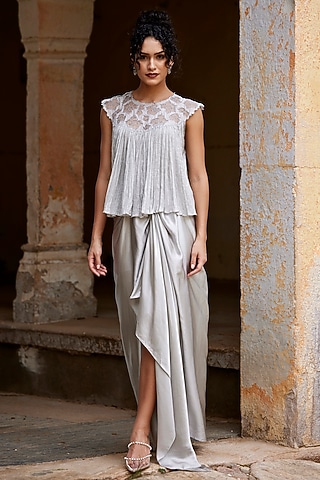 Metallic Grey Satin Silk & Silk Habutai Draped Skirt Set by Shay by Shubham Tak