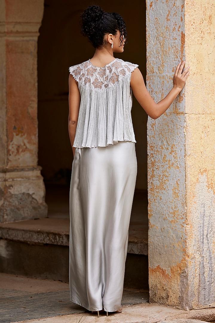 Metallic Grey Satin Silk & Silk Habutai Draped Skirt Set by Shay by Shubham Tak at Pernia's Pop Up Shop