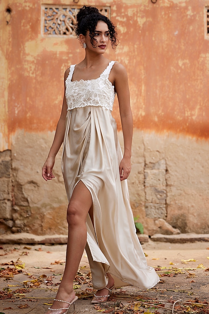 Beige Silk Applique Work Draped Dress by Shay by Shubham Tak at Pernia's Pop Up Shop