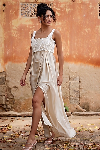 Beige Silk Applique Work Draped Dress by Shay by Shubham Tak