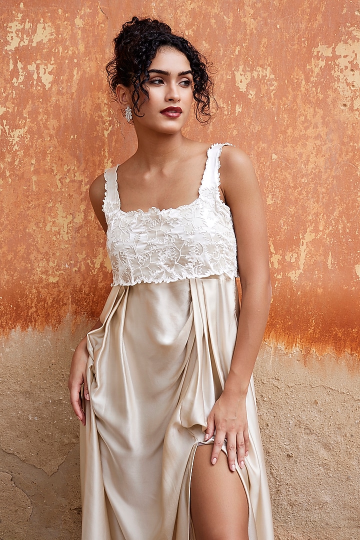 Beige Silk Applique Work Draped Vacation Dress by Shay by Shubham Tak at Pernia's Pop Up Shop