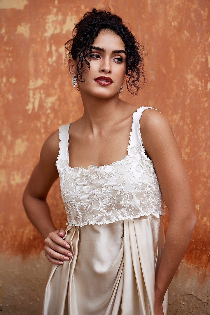 Beige Silk Applique Work Draped Vacation Dress by Shay by Shubham Tak at Pernia's Pop Up Shop