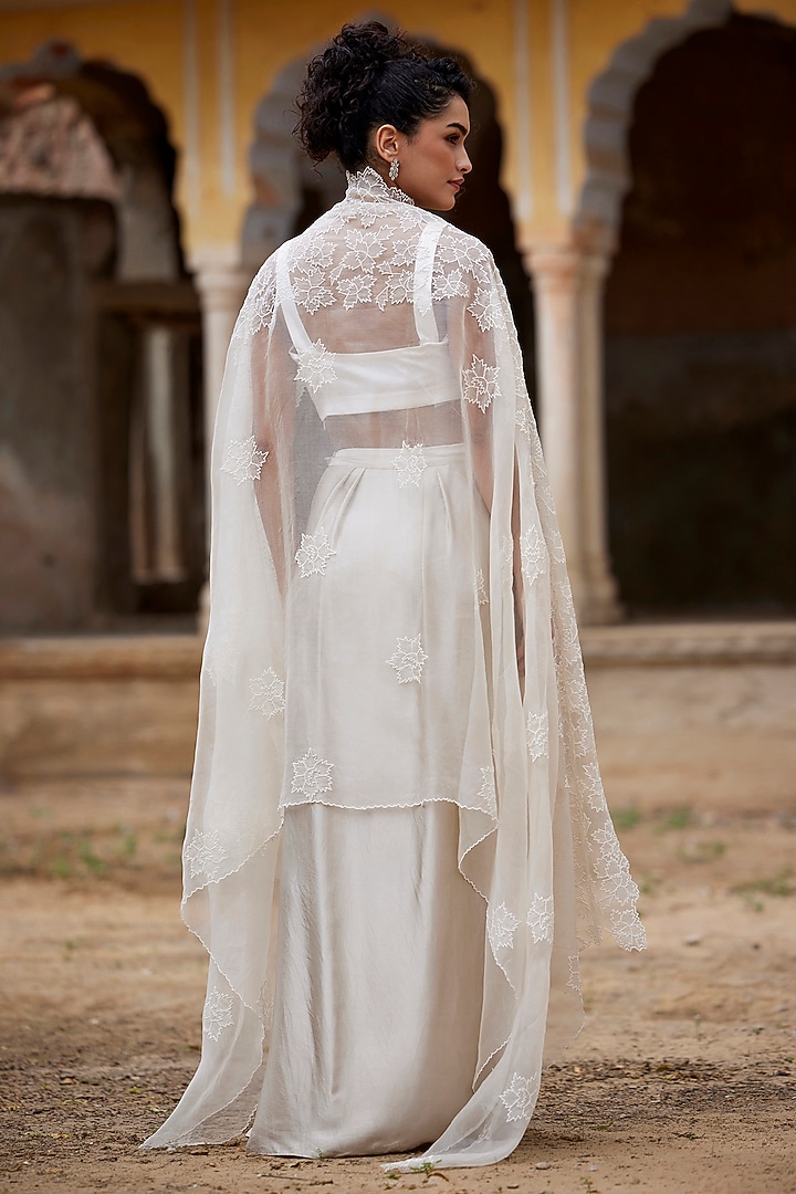Beige Silk Habutai & Satin Silk Draped Skirt Set by Shay by Shubham Tak at Pernia's Pop Up Shop