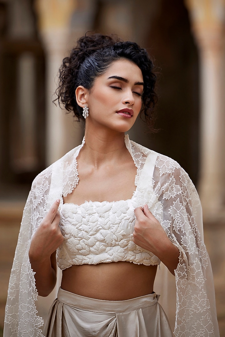 Beige Silk Habutai & Satin Silk Draped Skirt Set by Shay by Shubham Tak at Pernia's Pop Up Shop