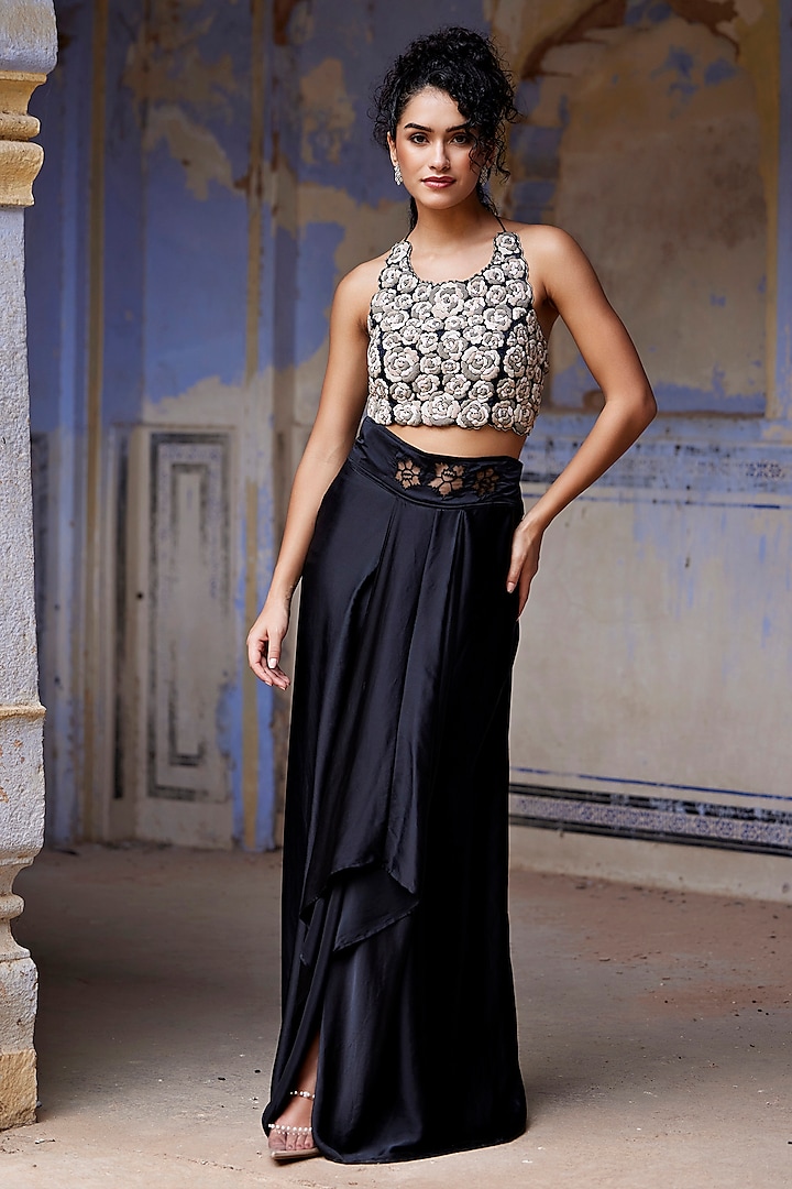 Black Silk Habutai & Satin Silk Draped Skirt Set by Shay by Shubham Tak at Pernia's Pop Up Shop