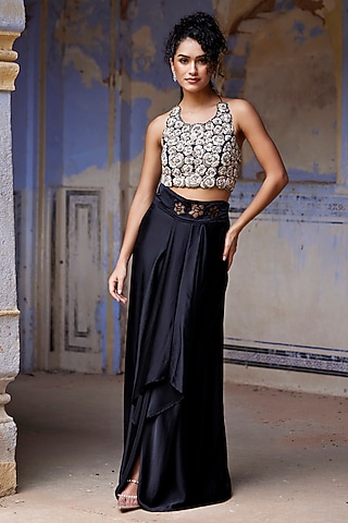 Black Silk Habutai & Satin Silk Draped Skirt Set by Shay by Shubham Tak