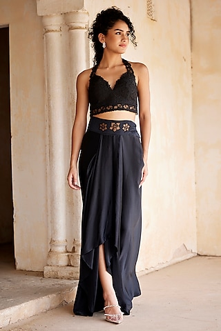 Black Silk Habutai & Satin Silk Draped Skirt Set by Shay by Shubham Tak