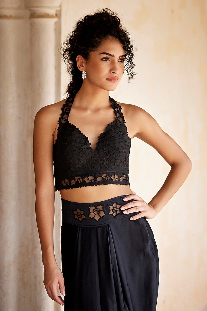 Black Silk Habutai & Satin Silk Draped Skirt Set by Shay by Shubham Tak at Pernia's Pop Up Shop