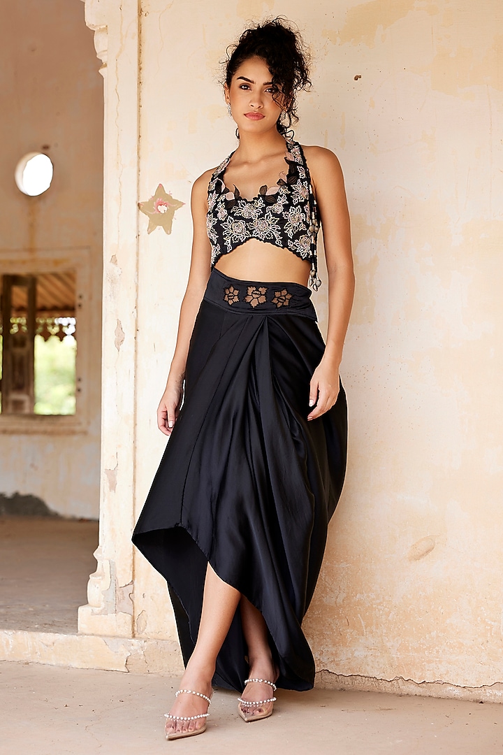 Black Silk Habutai & Satin Silk Draped Skirt Set by Shay by Shubham Tak at Pernia's Pop Up Shop