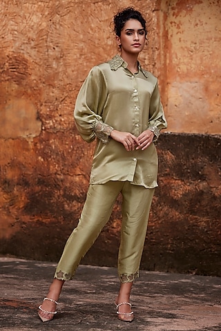 Sage Green Silk Satin Co-Ord Set by Shay by Shubham Tak