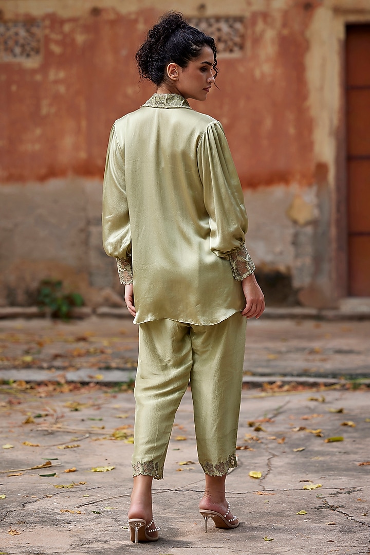 Sage Green Silk Satin Co-Ord Set by Shay by Shubham Tak at Pernia's Pop Up Shop