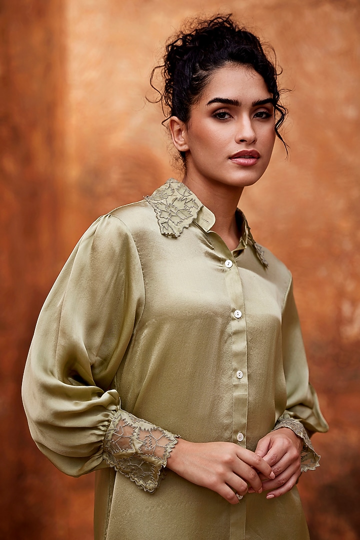 Sage Green Silk Satin Co-Ord Set by Shay by Shubham Tak at Pernia's Pop Up Shop
