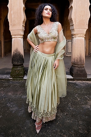 Sage Green Satin Silk Floral French Knot Embroidered Layered Pleated Lehenga Set by Shay by Shubham Tak