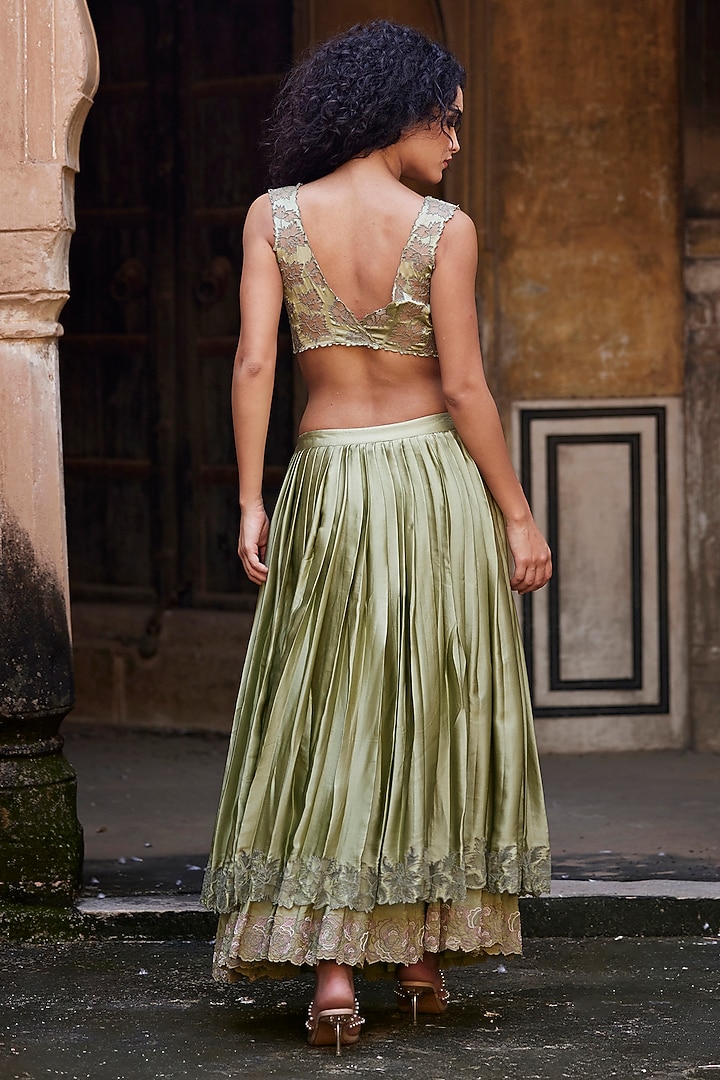 Sage Green Satin Silk Floral French Knot Embroidered Layered Pleated Wedding Lehenga Set by Shay by Shubham Tak at Pernia's Pop Up Shop