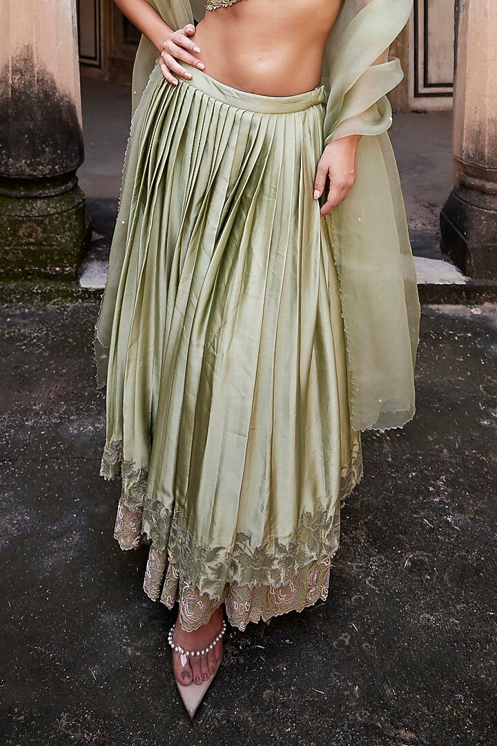 Sage Green Satin Silk Floral French Knot Embroidered Layered Pleated Wedding Lehenga Set by Shay by Shubham Tak at Pernia's Pop Up Shop