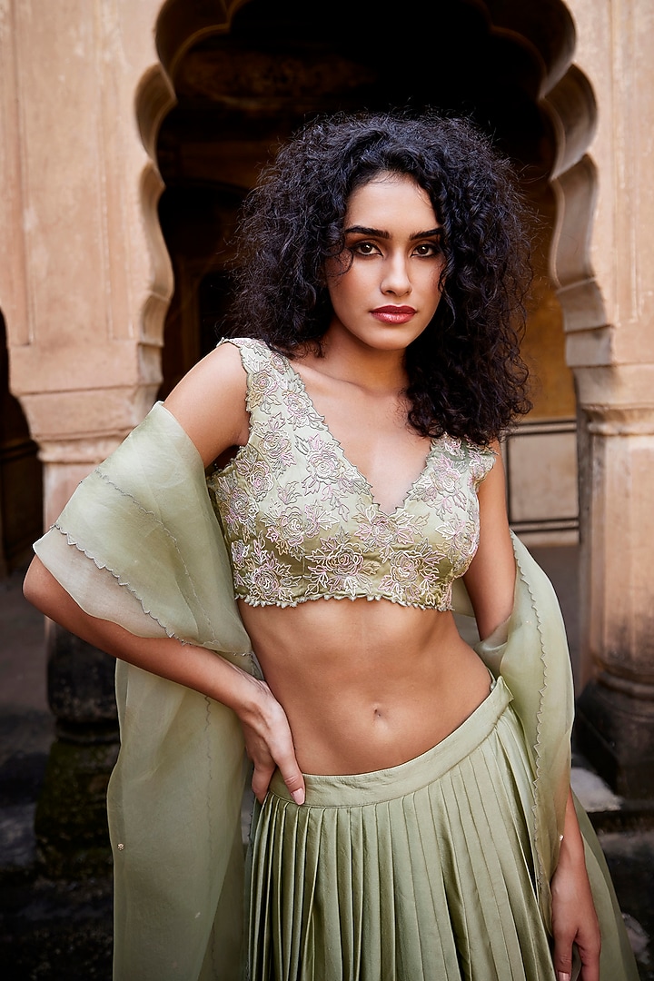 Sage Green Satin Silk Floral French Knot Embroidered Layered Pleated Wedding Lehenga Set by Shay by Shubham Tak at Pernia's Pop Up Shop