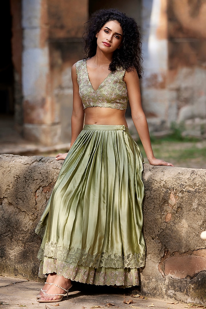 Sage Green Satin Silk Floral French Knot Embroidered Layered Pleated Wedding Lehenga Set by Shay by Shubham Tak at Pernia's Pop Up Shop
