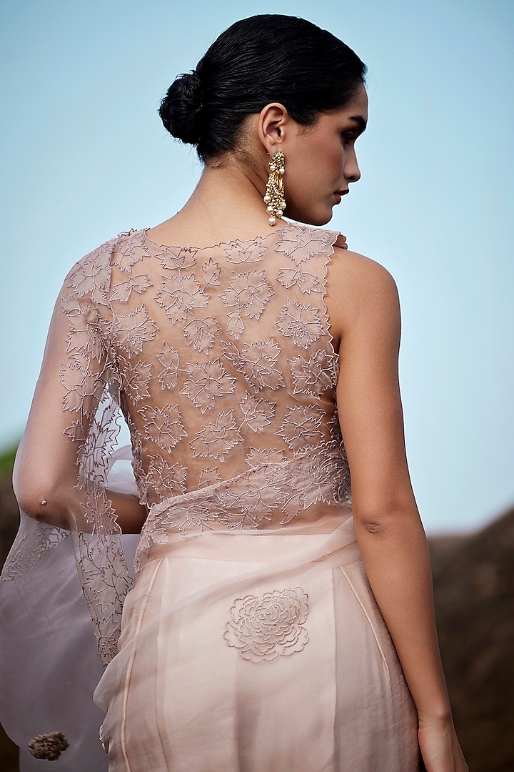 Nude Organza & Satin Silk Zardosi Embroidered Pre-Stitched Reception Saree Set by Shay by Shubham Tak at Pernia's Pop Up Shop