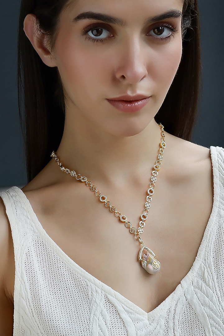 Yellow Gold Plated Zircon & Pearl Necklace by Shaze Jewellery at Pernia's Pop Up Shop