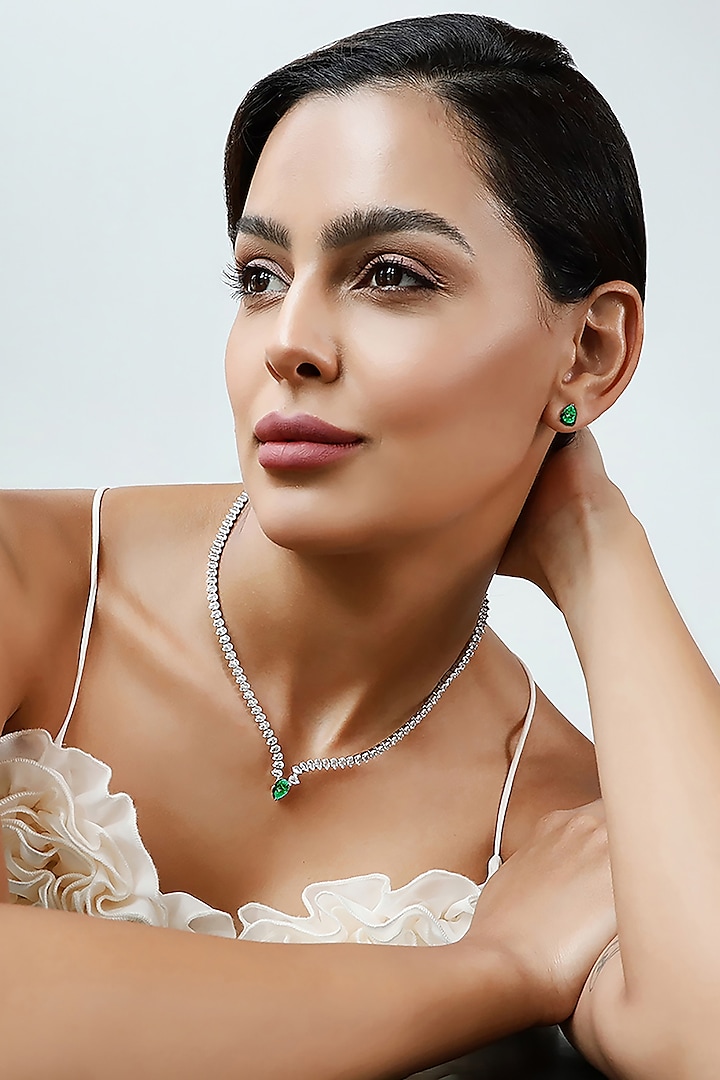 Silver Finish Zircon & Emerald Necklace Set by Shaze Jewellery at Pernia's Pop Up Shop