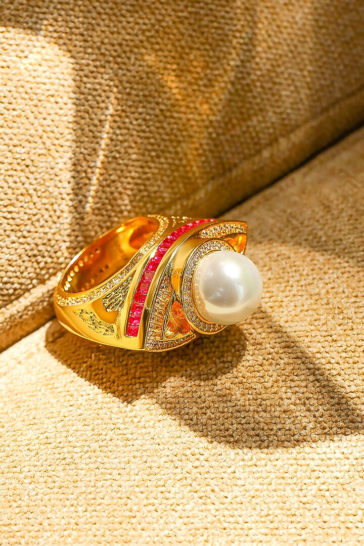 Yellow Gold Plated Zircon & Pearl Ring by Shaze Jewellery at Pernia's Pop Up Shop