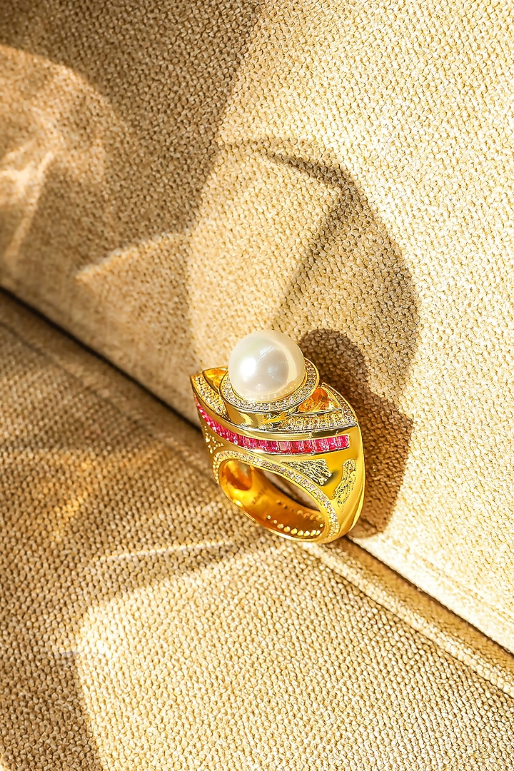 Yellow Gold Plated Zircon & Pearl Ring by Shaze Jewellery at Pernia's Pop Up Shop