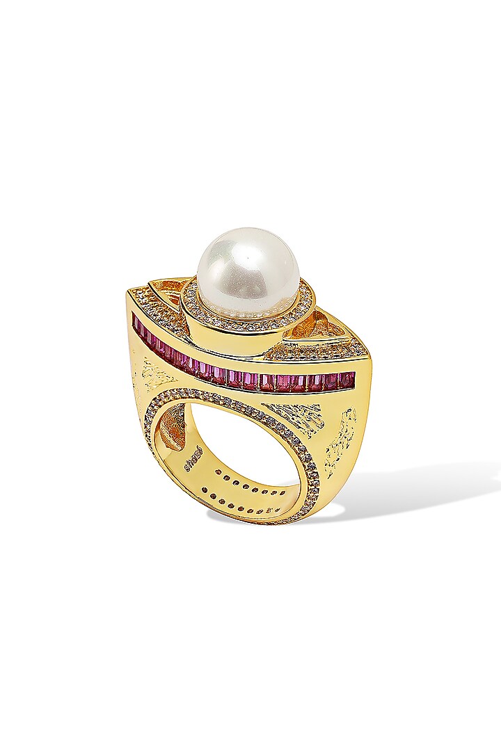 Yellow Gold Plated Zircon & Pearl Ring by Shaze Jewellery at Pernia's Pop Up Shop