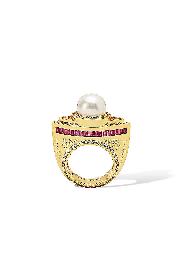 Yellow Gold Plated Zircon & Pearl Ring by Shaze Jewellery at Pernia's Pop Up Shop