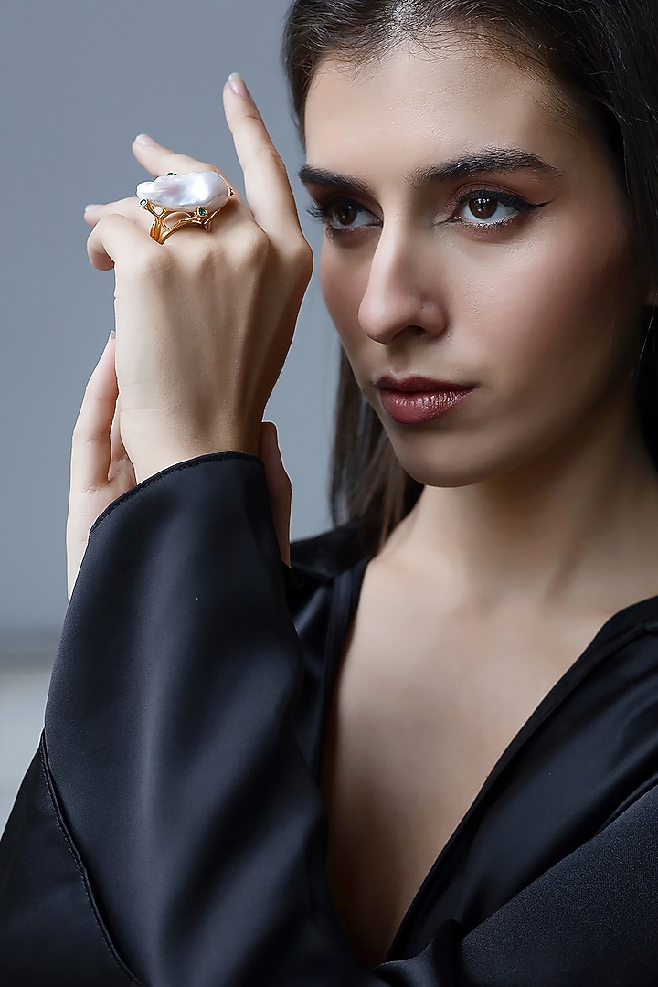 Yellow Gold Plated Zircon & Pearl Ring by Shaze Jewellery at Pernia's Pop Up Shop