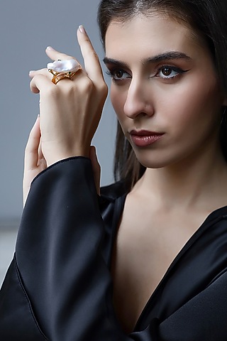 Yellow Gold Plated Zircon & Pearl Ring by Shaze Jewellery