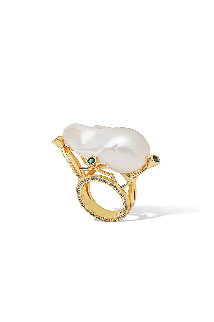 Yellow Gold Plated Zircon & Pearl Ring by Shaze Jewellery at Pernia's Pop Up Shop