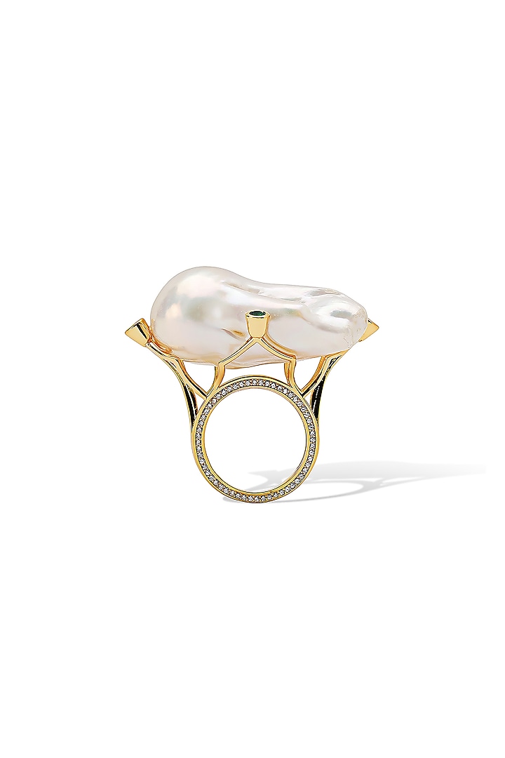 Yellow Gold Plated Zircon & Pearl Ring by Shaze Jewellery at Pernia's Pop Up Shop