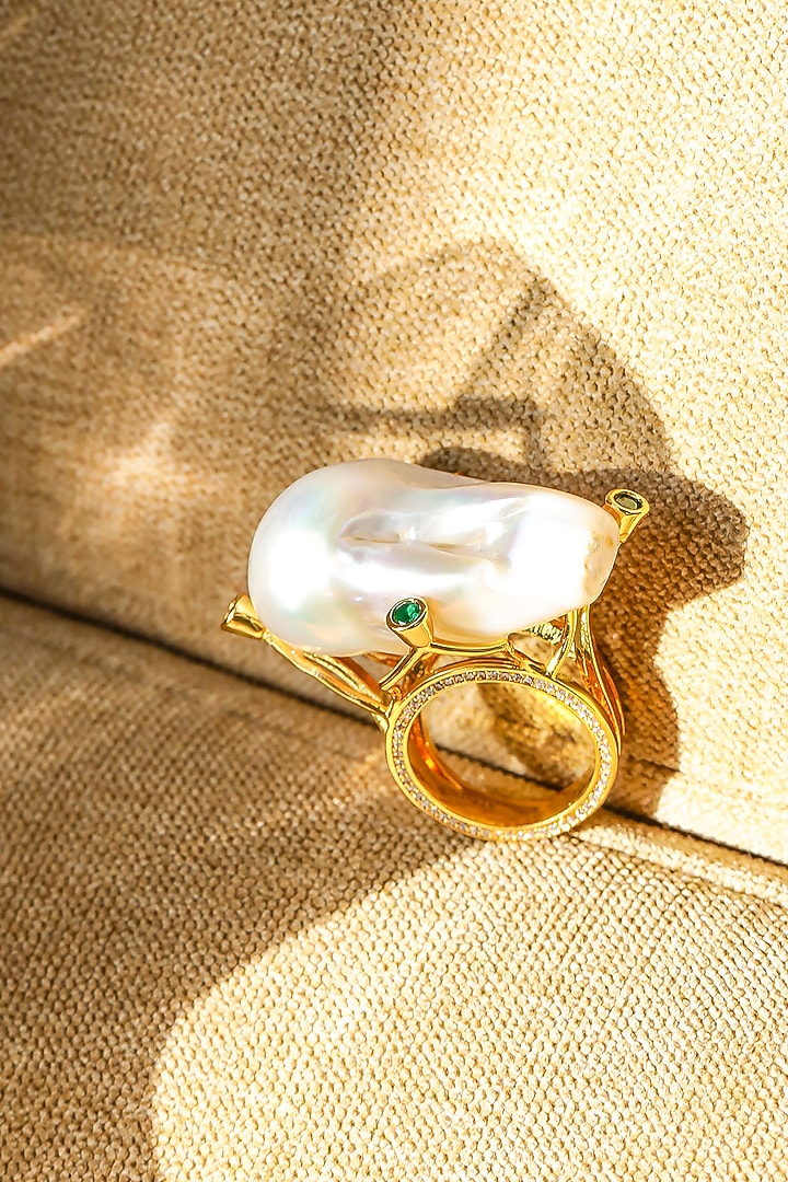 Yellow Gold Plated Zircon & Pearl Ring by Shaze Jewellery at Pernia's Pop Up Shop