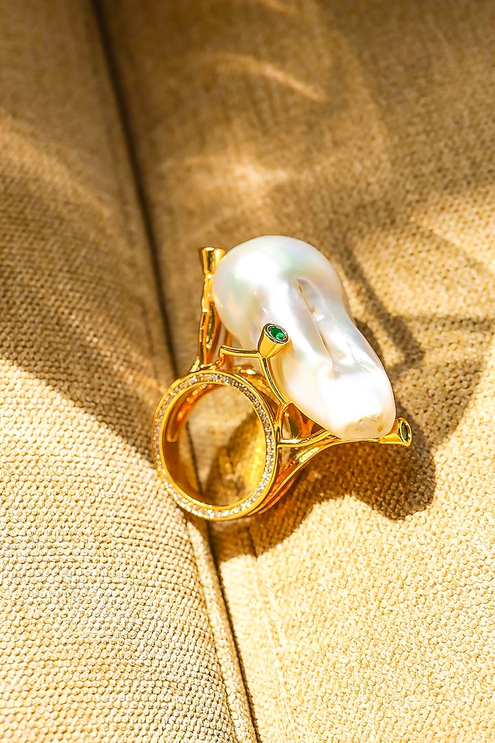 Yellow Gold Plated Zircon & Pearl Ring by Shaze Jewellery at Pernia's Pop Up Shop