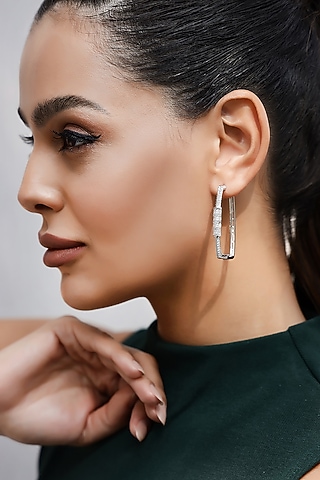 Silver Finish Zircon Hoop Earrings by Shaze Jewellery