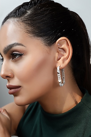 Silver Finish Zircon Hoop Earrings by Shaze Jewellery