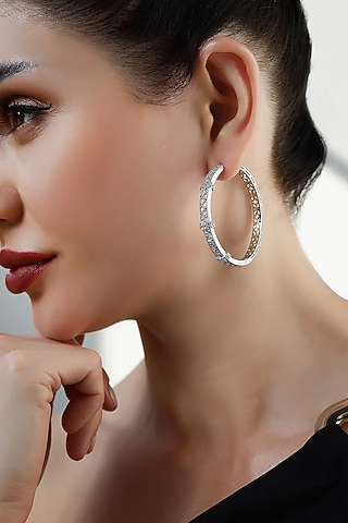 Silver Finish Zircon Hoop Earrings by Shaze Jewellery