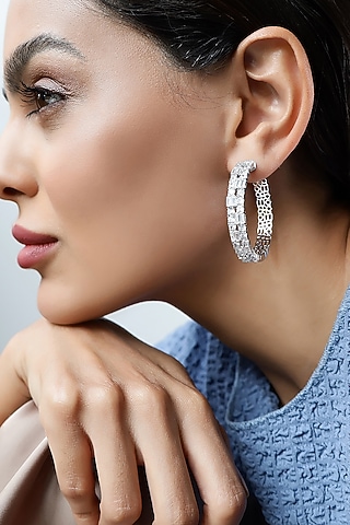 Silver Finish Zircon Hoop Earrings by Shaze Jewellery