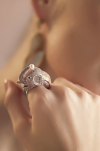 Gold Finish Zircon Infinity Tusk Ring by Shaze Jewellery