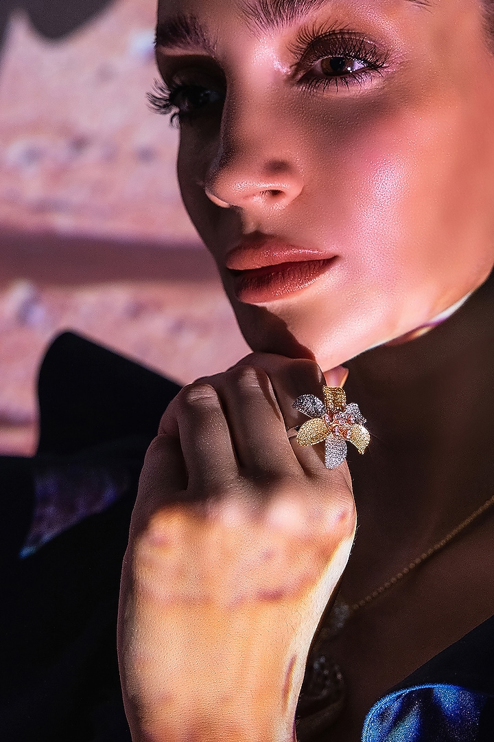Gold Finish Zircon Aqua Bloom Ring by Shaze Jewellery at Pernia's Pop Up Shop