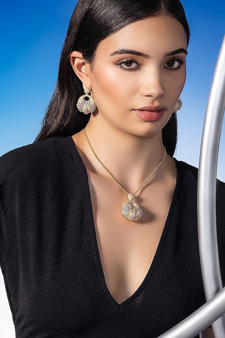 Gold Finish Zircon Pendant Necklace Set by Shaze Jewellery at Pernia's Pop Up Shop